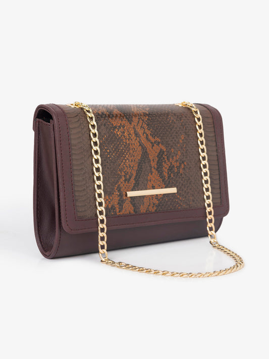Maroon with Gold Chain Flap Clutch
